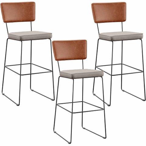 Kit 03 Banquetas Altas Cozinha Sala Jantar Fixa Allana L02 Couríssimo Camel Linho Bege - Lyam