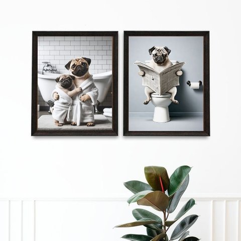 Kit 2 Quadros Divertidos Banheiro - Pugs 33x24cm:moldura Preta