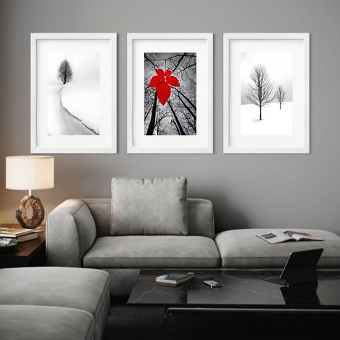 Kit 3 Quadros Grandes Outono Inverno - 60x48cm:moldura Branca