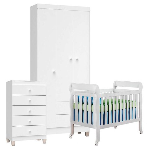 Quarto de Bebê 3 Portas com Gaveteiro Ternura Baby e Berço Lila Branco Brilho - Incorplac