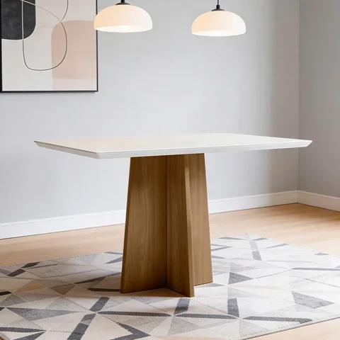 Mesa de Jantar 4 Lugares Retangular 120cm Tampo MDF com Vidro Miraz N01 Ypê Off White - Lyam Decor