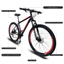 Bicicleta Aro 29 Quadro 19 Aço Suspensão Freio a Disco Mecânico 21 Marchas - Dropp - Preto/Vermelho - 3 Bicicleta Aro 29 Quadro 19 Aço Suspensão Freio a Disco Mecânico 21 Marchas - Dropp - Preto/Vermelho - 3