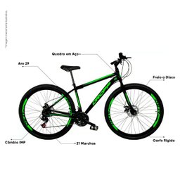 Bicicleta Aro 29 Quadro 19 Aço Freio a Disco Mecânico 21 Marchas - Dropp - Preto/Verde - 8