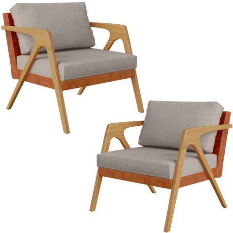 Kit 02 Poltronas Decorativas Para Sala Estar Pietra L02 Couríssimo Camel Linho Bege - Lyam Decor