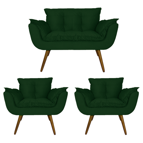 Jogo Namoradeira e 2 Poltronas Estofadas Sala de Visitas Opala Suede Verde - LM DECOR