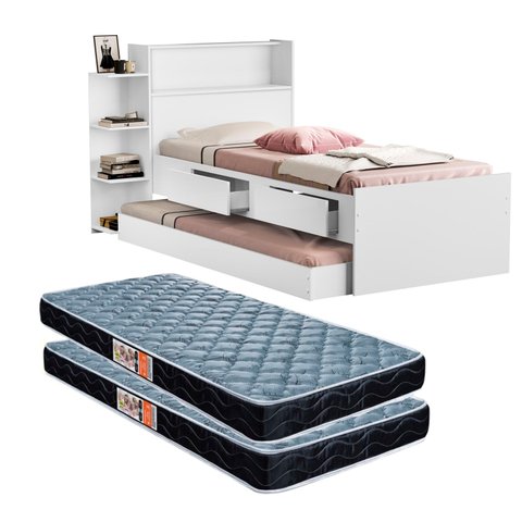 Bicama de Solteiro Isa Branca de Mdf com Gavetas Nichos e Baú + 2 Colchão D20