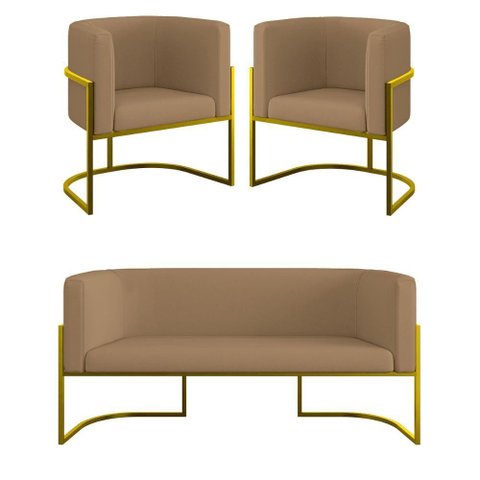 Kit 2 Poltronas + Sofá 2 Lugares Base de Metal Gold Veludo Capuccino