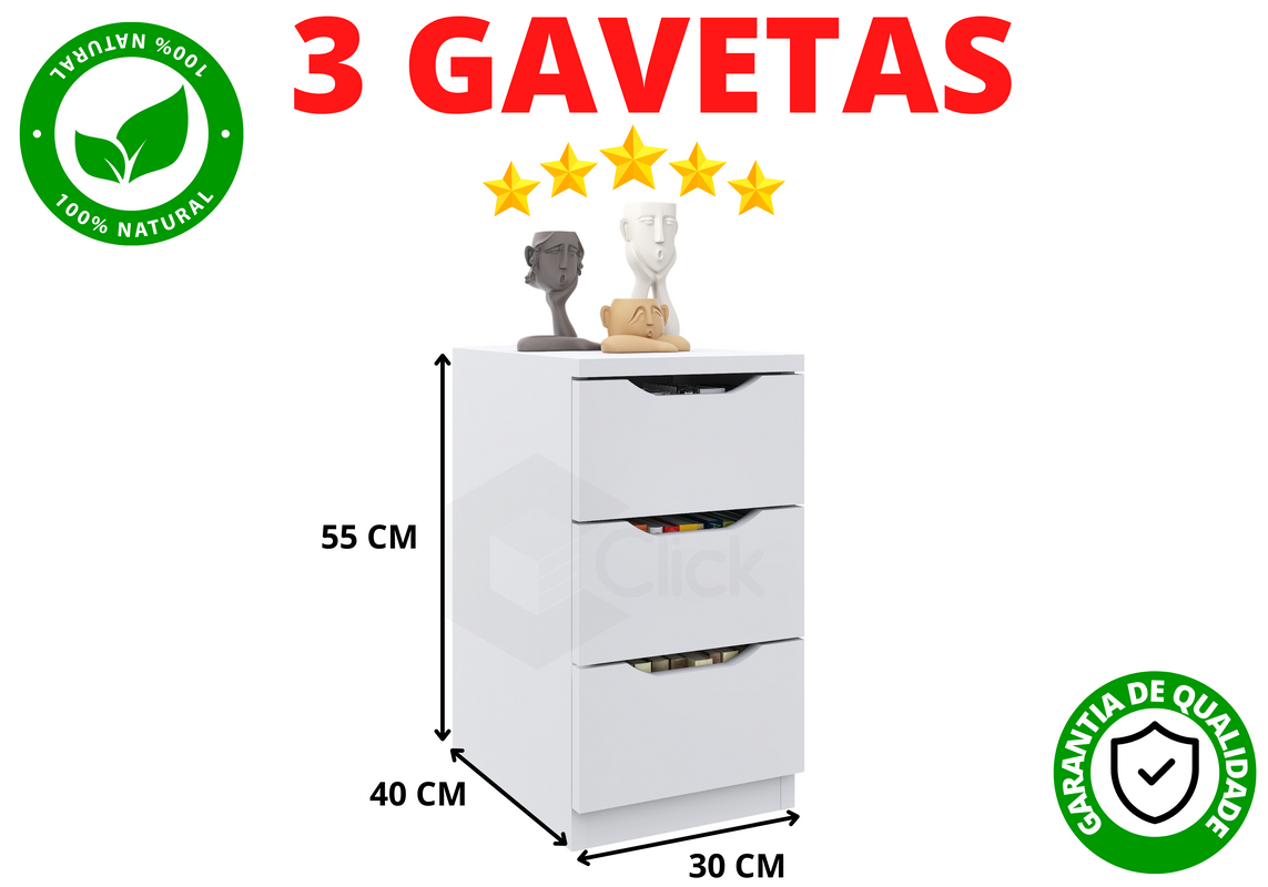 Gaveteiro 3 Gavetas Pés em Madeira Branco s/ rodizios - 5