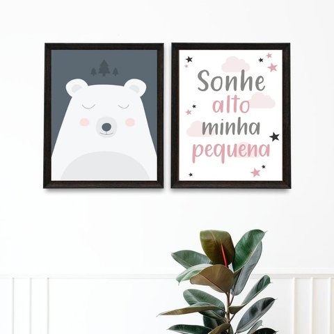 Kit 2 Quadros Quarto Bebê Urso Rosa e Cinza 33x24cm:madeira Branca