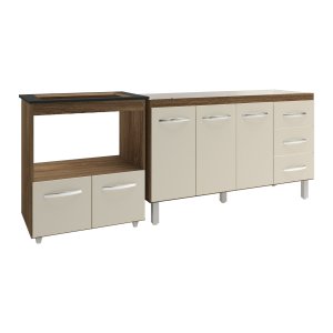 Armário Balcão Gabinete de Pia 140 Cm Carine e Balcão para Fogão Cooktop 4 Bocas e Forno Elétrico Ev