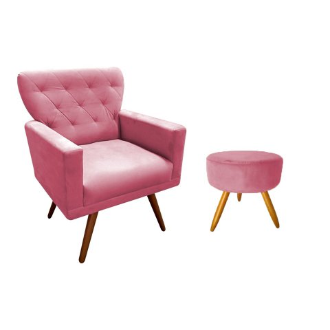 Kit Poltrona Decorativa Aurora + 1 Puff Redondo Suede Rosa Pés Madeira Ms Decor