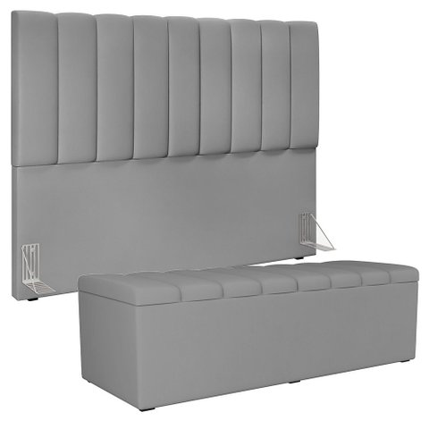 Kit Cabeceira Cama Box Casal King 195cm com Calçadeira Baú Dália W01 Facto Cinza - Lyam Lyam Decor