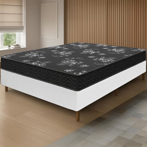 Cama Box Branca + Colchão Casal Andes Liso Preto Espuma D20 138x188x49cm
