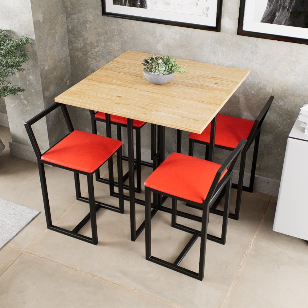 Conjunto Mesa Pinus 4 Cadeiras Estofado Industrial Black - Vermelho - 1