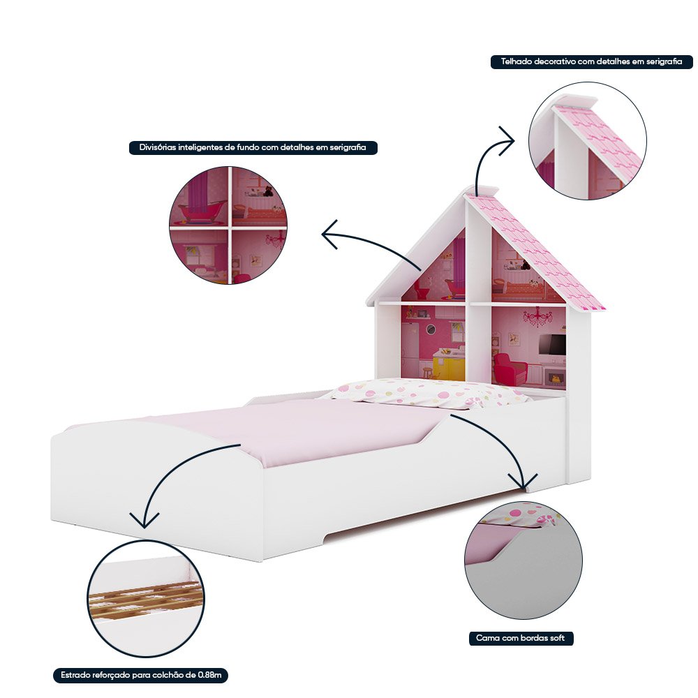 Cama Infantil Feminina Solteiro para Colchão de 88cm Gelius Casinha Branco Acetinado - 2