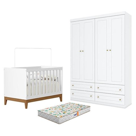 Berço Americano Flip Branco Acetinado Reller e Guarda Roupa Infantil 4 Portas Branco Hp e Colchão Ga