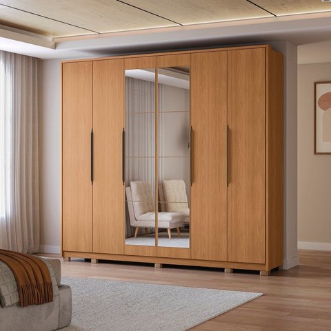 Guarda-Roupa 6 Portas e 4 Gavetas com Espelhos e Pés Dormitorio Open Marrom/Canela