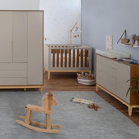 Kit Quarto Infantil com Pés Square Natural - Cômoda Elfe 4 Gavetas e 1 Porta + Guarda-Roupa Elfe + B