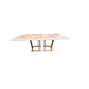 Mesa de Jantar Marmore Branco Base Metal Dourado Formosa
