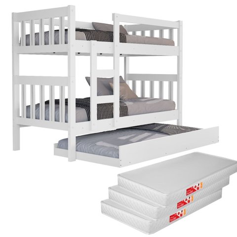 Beliche com Cama Auxiliar e 3 Colchões para Quarto Pequeno Apartamento Organizado 100% Mdf