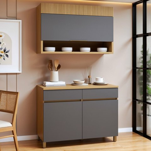 Cozinha Completa Modulada 2 Peças 3 Portas 2 Gavetas 100% MDF Realeza Premium Cinza/Carvalho/Titânio