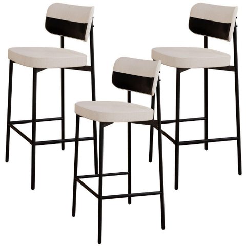 Kit 03 Banquetas Alta Bar Cozinha Sala de Jantar Aço Preto Kaira C01 Linho Palha Courino Preto -