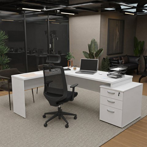 Conjunto Mesa de Escritório em L com Gavetas e Cadeira Ergonômica Netflex Branco
