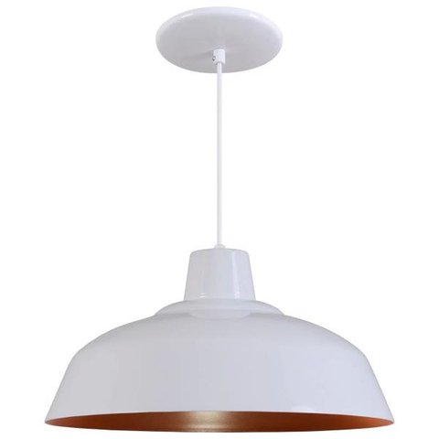 Pendente Retrô 34cm Luminária Lustre Alumínio Branco Brilhante com Cobre - Rei Da Iluminação