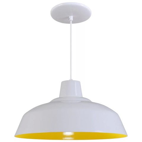 Pendente Retrô 34cm Luminária Lustre Alumínio Branco Brilhante com Amarelo - Rei Da Iluminação