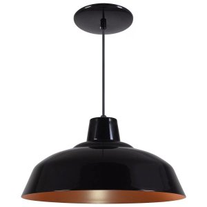 Pendente Retrô 34cm Luminária Lustre Alumínio Preto Brilhante com Cobre - Rei Da Iluminação