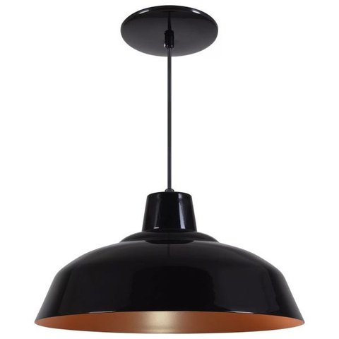 Pendente Retrô 34cm Luminária Lustre Alumínio Preto Brilhante com Cobre - Rei Da Iluminação