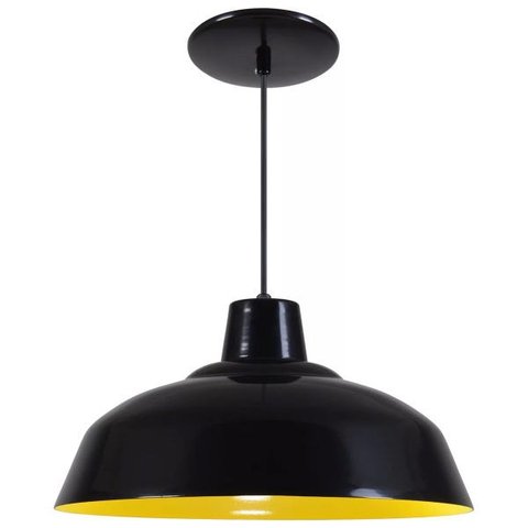Pendente Retrô 34cm Luminária Lustre Alumínio Preto Fosco com Amarelo - Rei Da Iluminação