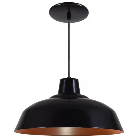 Pendente Retrô 34cm Luminária Lustre Alumínio Preto Fosco com Cobre - Rei Da Iluminação