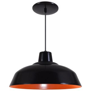 Pendente Retrô 34cm Luminária Lustre Alumínio Preto Fosco com Laranja - Rei Da Iluminação