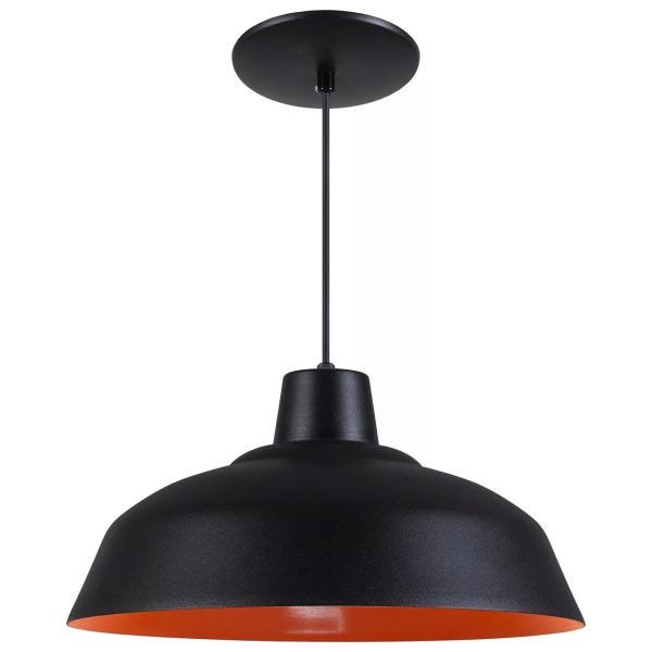 Pendente Retrô 34cm Luminária Lustre Alumínio Preto Textura com Laranja - Rei Da Iluminação - 1