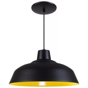 Pendente Retrô 34cm Luminária Lustre Alumínio Preto Textura com Amarelo - Rei Da Iluminação