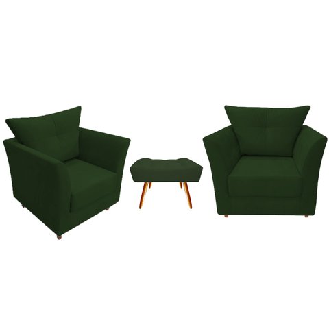 Kit 2 Poltronas Decorativa Isis + Puff Retangular Suede Verde Pés Madeira Ms Decor