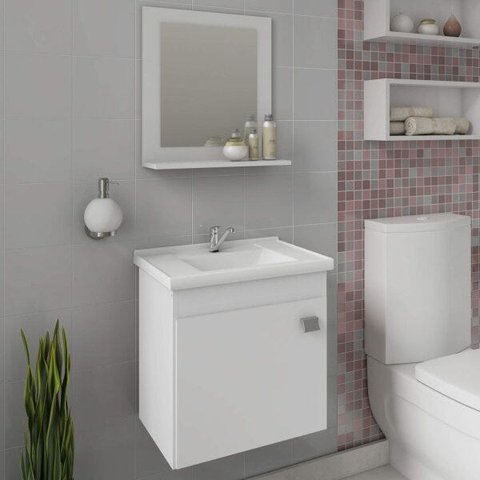 Gabinete Toucador Íris de Banheiro C/ Cuba e Espelheira Branco MGM Móveis