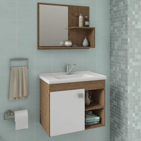 Gabinete de Banheiro Cuba e Espelheira 1 Porta 2 Prateleiras Lótus MGM Móveis