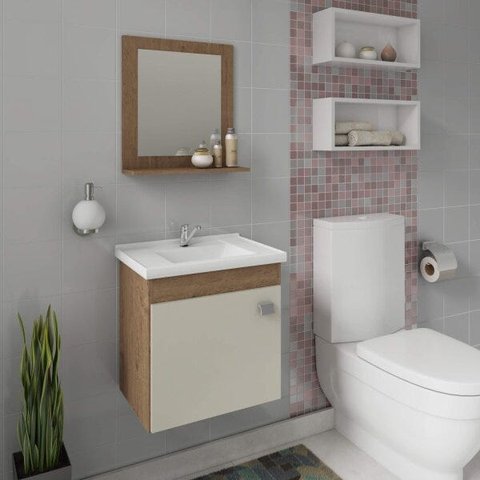 Gabinete Para Banheiro com Cuba e Espelheira 1 Porta 1 Prateleira Íris MGM Móveis