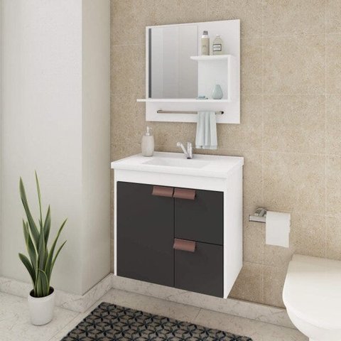 Gabinete Tulipa Toucador de Banheiro C/ Cuba e Espelheira Preto e Branco MGM Móveis