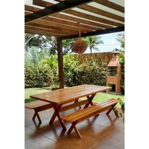 Conjunto Mesa Rústica com Bancos Madeira Maciça Eucalipto 2