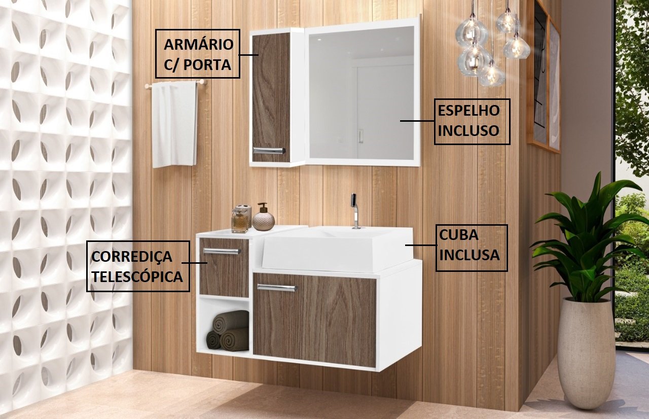 Conjunto Gabinete Banheiro c/ Espelho e Armário - CJ Viena 60 Branco / Carvalho - 2
