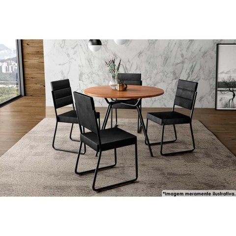 Sala de Jantar Completa 1588 Aço C/ Tampo Madeirado 100cm e 4 Cadeiras 1736 Preto - Carraro