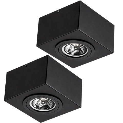 Jogo 2 Spots GU10 Luminárias Teto Plafon Box Quadrados Sobrepor 13cm Pretos Dital Decoração