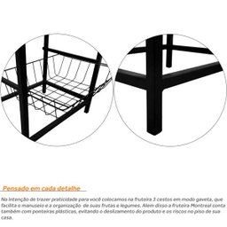 Fruteira Cozinha de Chão Aço com Tampo Mdf 3 Cestos Preta - 3