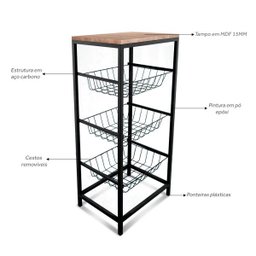 Fruteira Cozinha de Chão Aço com Tampo Mdf 3 Cestos Preta - 5