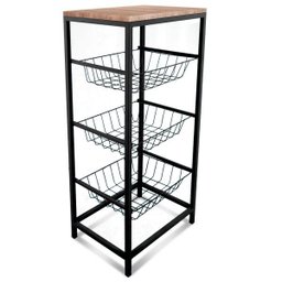 Fruteira Cozinha de Chão Aço com Tampo Mdf 3 Cestos Preta - 1