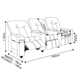 Poltrona Reclinável para Cinema 3 Lugares Praddo Fh9 Pu Preto - Mpozenato - 4