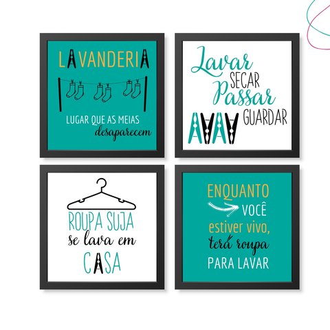 Kit com 4 Quadros Decorativos Lavanderia Moldura e Vidro:preta
